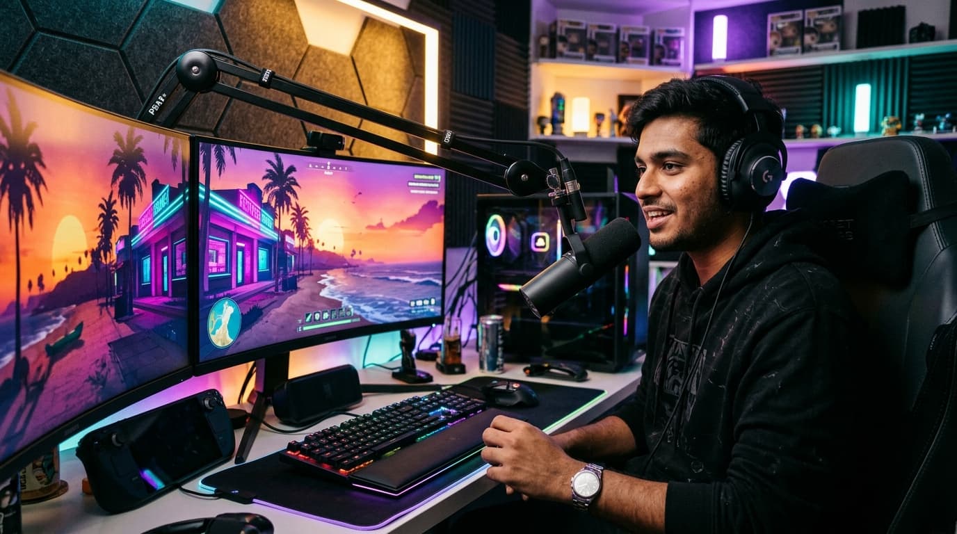 Modern gaming content creator streaming workstation with ultrawide displays and professional studio microphone