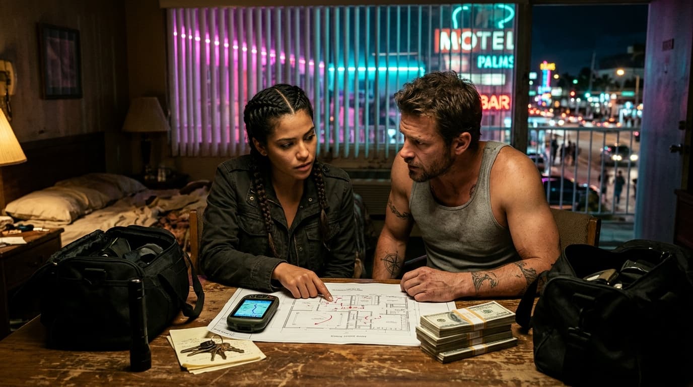 Criminal duo planning tactical heist over floor plans, cash and duffel bags in neon-lit room
