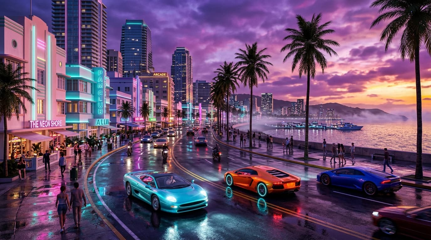 Cinematic coastal metropolis at twilight with neon art deco architecture, palm trees and sports cars