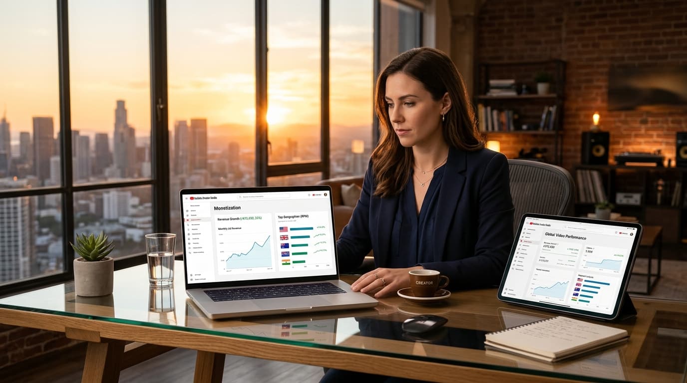 Creator analyzing YouTube Studio monetization analytics and country-wise RPM trends on laptop in modern sunset loft