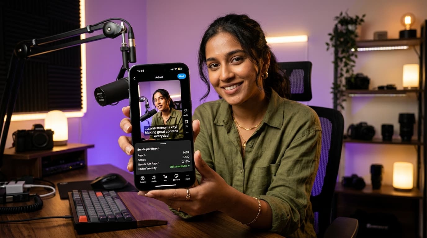 Creator smartphone showing Instagram Reel auto-captions and real-time DM share analytics in modern studio