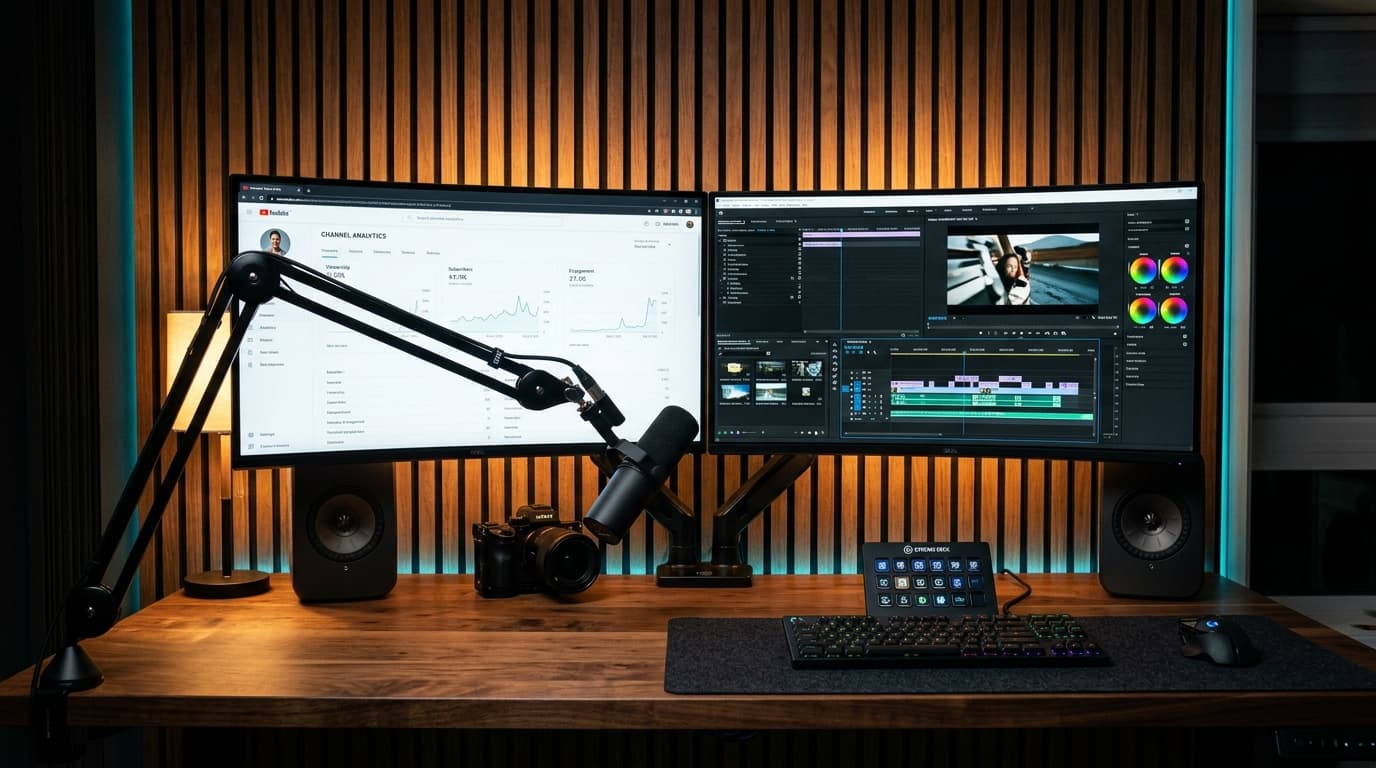Modern creator recording and editing studio workstation with dual curved monitors displaying YouTube analytics curves
